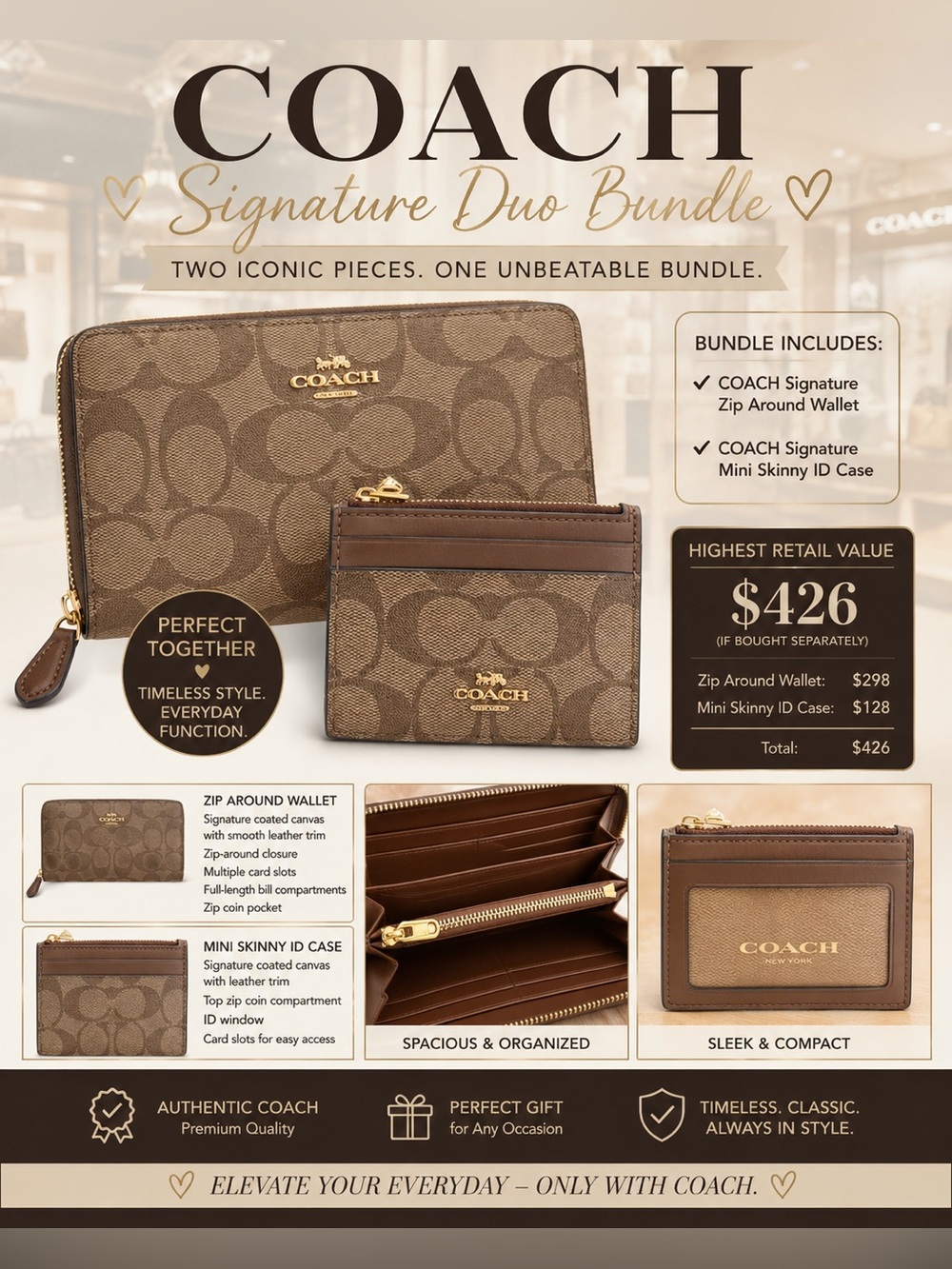 COACH Signature Zip Around Wallet & Mini Skinny ID Case
